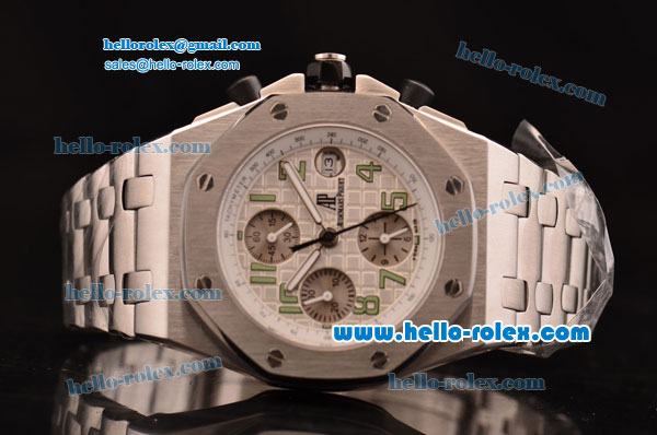 Audemars Piguet Royal Oak Offshore Swiss Valjoux 7750-DD Automatic Full Steel with White Dial and Green Numerals Markers- Run - Click Image to Close
